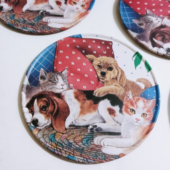 Sleeply Puppies & Kittens Metal Coasters w/ Cork Back Set of 6 In Tin (ebab) - Picture 2 of 4